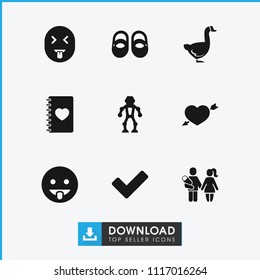 Cute icon. collection of 9 cute filled icons such as baby shoes, showing tongue emot, notebook with heart, tick, robot, goose. editable cute icons for web and mobile.