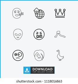 Cute icon. collection of 9 cute outline icons such as crown, surprised emot, angry emot, global home, goose, alien head. editable cute icons for web and mobile.