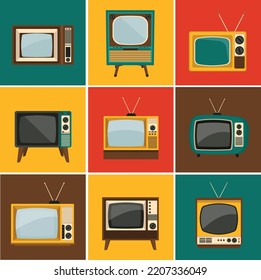 icono lindo con colección de televisores planos de estilo retro en colorida ilustración vectorial de TV plana y fondo marrón.