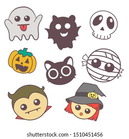 Cute icon emoji halloween element such as little ghost, bat, skull, pumpkin, black cat, mummy, dracula, witch.