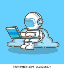 cute icon illustration design of an astronaut having fun playing a laptop on a cloud. future technology icon design concept
