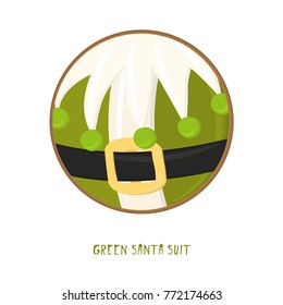 Cute icon on white background. Ring badge label green santa coat. Funny christmas cartoon character for celebration card design, sale tags. Vector illustration