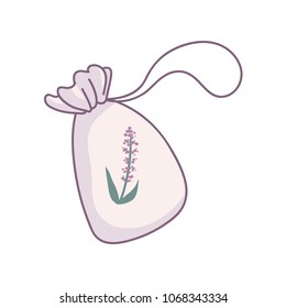 Cute icon of sachet with lavender with purple stroke isolated on white background. Illustration for articles of ad about baby sleep, health, or sleep disorders. Aromatherapy and relax concept. 