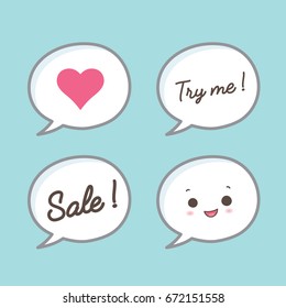 Cute icon saying. Heart, Try me, Sale, Smile face. Vector illustration isolated.