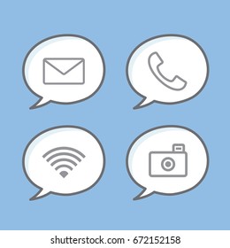 Cute icon saying. Mail, Telephone Call, Free Wi-fi, Photo Camera. Vector illustration isolated.