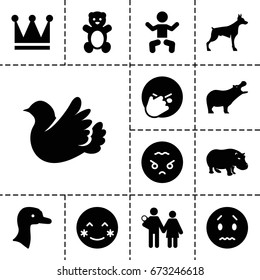 Cute Icon. Set Of 13 Filled Cuteicons Such As Goose, Hippopotamus, Dog, Baby, Teddy Bear, Crown, Blush, Sad Emot, Facepalm Emot, Angry Emoji, Bird