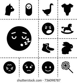 Cute icon. set of 13 filled cute icons such as rabbit, goose, baby onesie, baby food, horse toy, socks, smiling emot, sad emot, angry emoji, lollipop