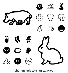 Cute icon. set of 20 cute filled and outline icons such as baby food, child playground carousel, socks, laughing emot, sad emot, ghost, pear, bear teddy, rabbit, hippopotamus