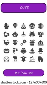  cute icon set. 25 filled cute icons. Simple modern icons about  - Cactus, Candy, Toad, Shy, Jelly beans, Baby, Cupcake, Bee, Ninja, Whale, Emotions, Rattle, Baby hat, Smile, Stork