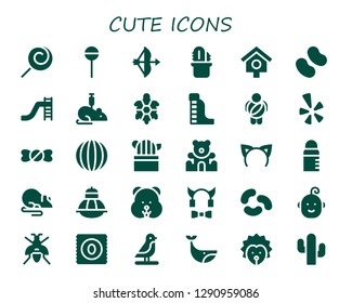  cute icon set. 30 filled cute icons. Simple modern icons about  - Lollipop, Bow, Cactus, Bird house, Candy, Toboggan, Rat, Turtle, Waterpark, Childhood, Yelp, Candy shop, Teddy bear