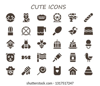 cute icon set. 30 filled cute icons.  Simple modern icons about  - Shy, Owl, Smile, Hamster wheel, Water gun, Stick candy, Cactus, Hamster ball, Jar, Cotton candy, Bird, Candy