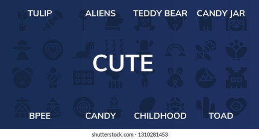 cute icon set. 32 filled cute icons. on blue background style Simple modern icons about  - Tulip, Aliens, Teddy bear, Candy jar, Bpee, Candy, Childhood, Toad, Lollipop, Sea lion