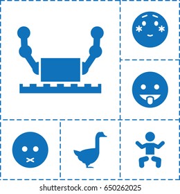 Cute icon. set of 6 cute filled icons such as goose, baby, sad emot, shy emoji, showing tongue emot