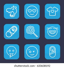 Cute icon. set of 9 outline cute icons such as hippopotamus, baby food, lollipop, t-shirt with heart, wink emot, emot in love, laughing emot, emoji showing tongue