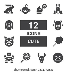 cute icon set. Collection of 12 filled cute icons included Angry, Skull, Lollipop, Robot, Cotton candy, Cat, Devil, Cry, Rabbit, Penguin