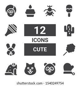 cute icon set. Collection of 12 filled cute icons included Mitten, Panda, Dog, Frog, Cotton candy, Rabbit, Cactus, Cupcake, Rattle, Nasal aspirator, Face, Beetle