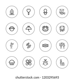 Cute icon set. collection of 16 outline cute icons with ballet shoes, beetle, bird cage, candy, cupcake, dummy, dog, frog, grief, envy, kitty, lollipop, manta ray icons.