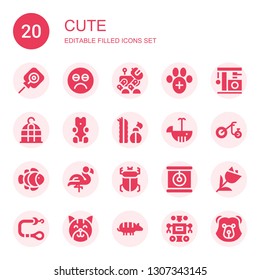 cute icon set. Collection of 20 filled cute icons included Lollipop, Sad, Robot, Veterinary, Cat, Bird cage, Gummy bear, Cactus, Whale, Tricycle, Clown fish, Flamingo, Beetle
