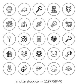 Cute icon set. collection of 25 outline cute icons with animal, baby mobile, baby, candy, dracula, dog house, dog, easter egg, dolphin, hamster, fox icons. editable icons.
