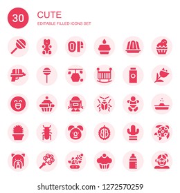 cute icon set. Collection of 30 filled cute icons included Lollipop, Gummy bear, Mittens, Cupcake, Jelly, Water gun, Hive, Crib, Baby powder, Emotion, Robot, Beetle, Baby, Cactus