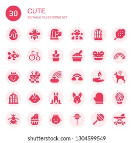 Cute Icon Set. Collection Of 30 Filled Cute Icons Included Chocolate Egg, Bee, Dog, Girl, Bird Cage, Goldfish, Tricycle, Cactus, Baby Food, Frog, Baby, Robot, Rainbow, Pyre, Baby Boy