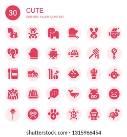 cute icon set. Collection of 30 filled cute icons included Rocking horse, Teddy bear, Elephant, Mitten, Rabbit, Ladybird, Turtle, Honey, Baby food, Hippo, Cactus, Baby boy, Traditional