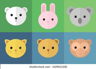 Cute Icon Set Design, Animals Head Icon (Polar Bear, Bunny, Koala, Cat, Grizzly Bear, Monkey)