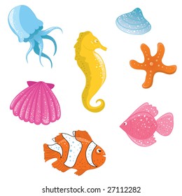 Cute icon set of different sea creatures