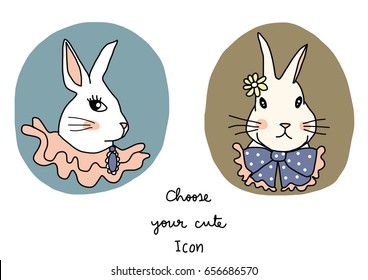 Cute Icon Set With Female Rabbits Dressed Up In Preppy Style. Vector Illustration With Hand-drawn Style.