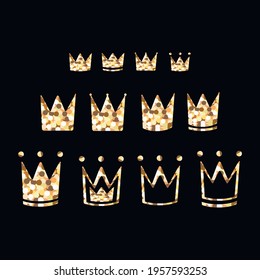 Cute icon set of golden crowns on black background. Different sizes.