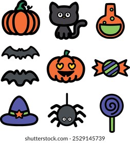 Cute icon set with Halloween concept, pumpkin, black cat, magic potion, bat, candy, lollipop, spider, wizard's hat. Black line illustrations.