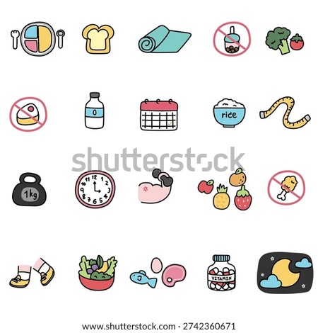 Cute icon set hand drawn diet and healthy lifestyle featuring healthy food, workout equipment, weight loss elements, and forbidden junk food vector illustration isolated on white background.