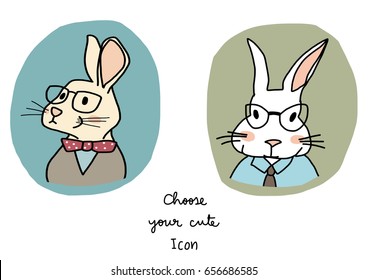 Cute icon set with male rabbits dressed up in preppy style. Vector illustration with hand-drawn style.