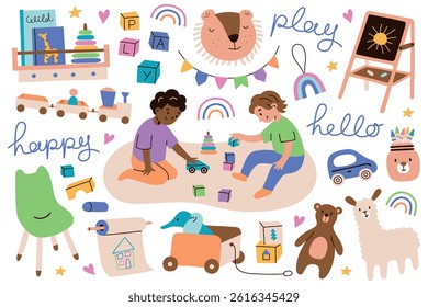 Cute icon set with toddler toys, kids room furniture, and creative supplies. Boy and girl playing together on floor. Vector illustration for early learning and childhood, nursery doodles collection