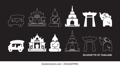 Cute icon of thailand culture silhouette set isolated on black background illustration vector.