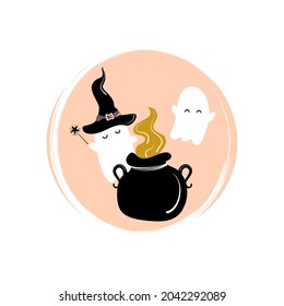 Cute icon vector with ghost and cauldron, illustration on circle with brush texture, for social media story and highlights	