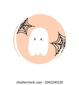 Cute icon vector with ghost and spiderweb, illustration on circle with brush texture, for social media story and highlights	