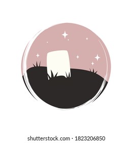 Cute icon vector with gravestone and stars, illustration on circle with brush texture, for social media story and instagram highlights