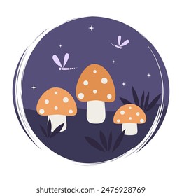 Cute icon vector with orange mushrooms in the night, illustration on circle with brush texture, for social media story and highlights