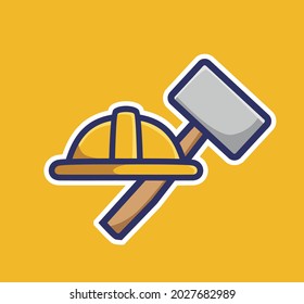 cute icon worker helmet and hammer symbol. cartoon object concept Isolated illustration. Flat Style suitable for Sticker Icon Design Premium Logo vector
