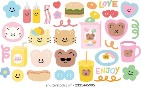 Cute icons of animals (teddy bear, cat), food (burger, cereal, hot dog, fried egg, bacon, milk, ketchup and mustard sauces, juice), flowers, heart, happy faces, abstract doodle elements. Pastel colour