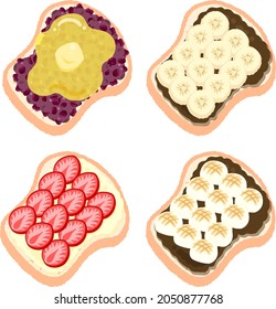 The cute icons of Azuki toast and chocolate banana toast and strawberry cream toast and marshmallow chocolate toast