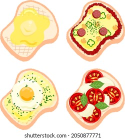 The cute icons of butter toast and pizza toast and fried egg toast and caprese toast