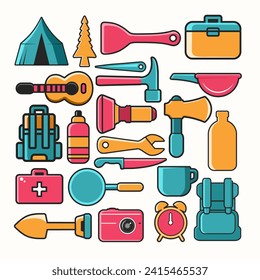 Cute icons of camping theme equipment,adventure vector illustration