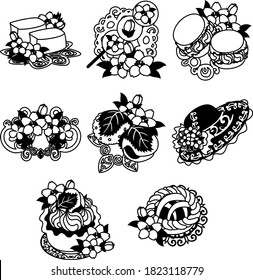 The cute icons of cherry blossom such as jelly and macaron and tart and cake and tiara and hat and pie