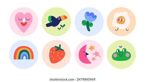 Cute icons, circle stickers designs set. Comic heart, flower, rainbow, bird and egg characters in whimsical funny charming kawaii style. Flat vector illustration isolated on white background