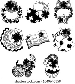 The cute icons of clover object such as wreath and bed and crystal and book and bicycle and cake