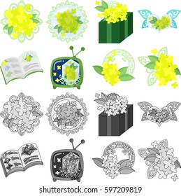 The cute icons of clover object such as crystal and present and book and TV and wreath