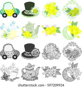 The cute icons of clover object such as car and silk hat and crystal and bathtub and pot