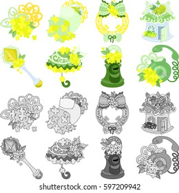 The cute icons of clover object such as bed and wreath and house and stick and parasol and post and telephone